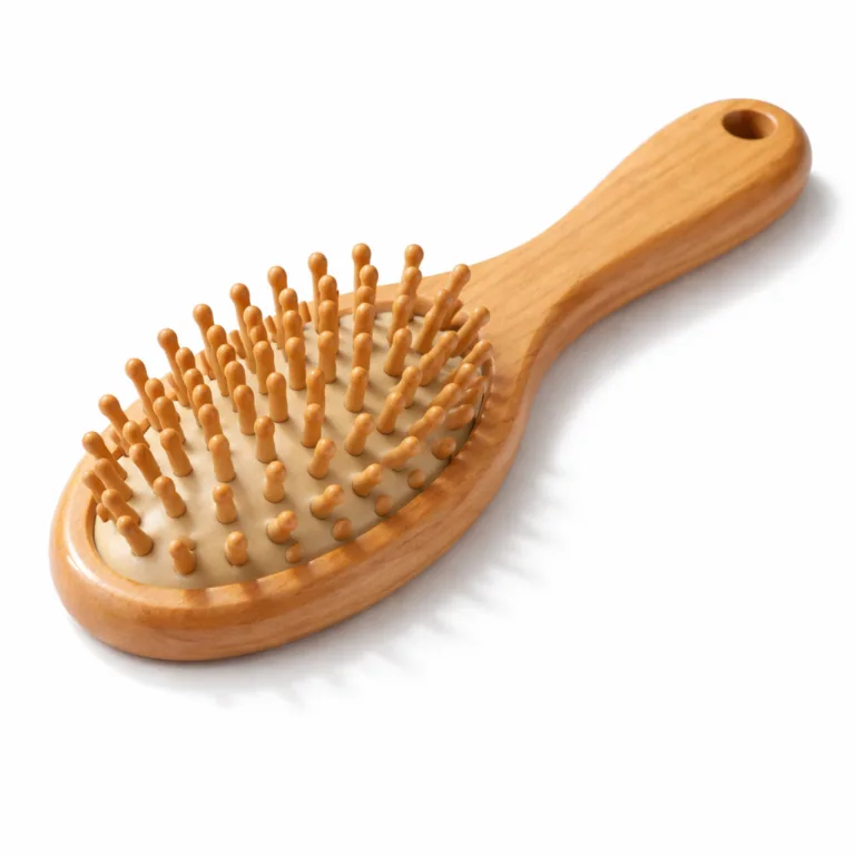 A beechwood head massage comb with a polished gloss finish, featuring a convenient integrated hanging hole at the end of the ergonomic handle for easy storage. Designed for daily scalp massage and healthy hair.