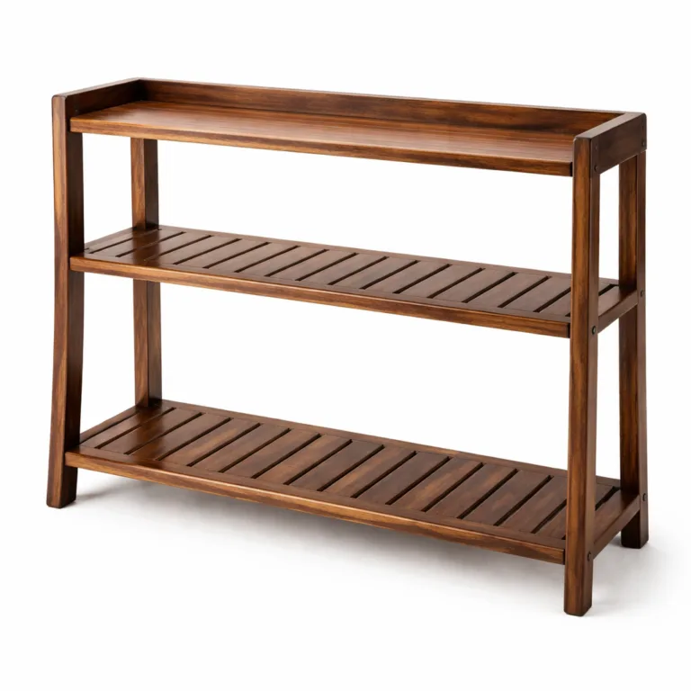 This wooden kitchen shelf organizer showcases a dark carbonized bamboo and beech construction. The shelves have refined beveled edges for an elegant, modern profile.