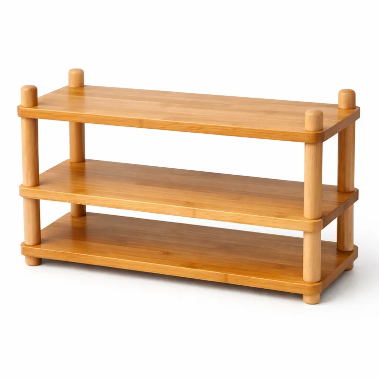 A multi-tier wooden kitchen shelf organizer crafted from bamboo and beech wood, featuring a natural matte finish and subtly rounded edges for a smooth, contemporary look.