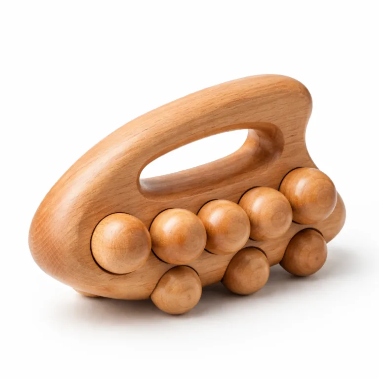 A natural-finish beech wood lymphatic massage tool featuring an ergonomic handle and gently rounded edges for comfortable and safe use, presented as a high-realism studio product photo.