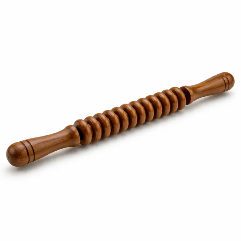 A wooden massage stick roller manufactured from beech wood with a deep carbonized finish, designed for increased durability and an elegant dark appearance.