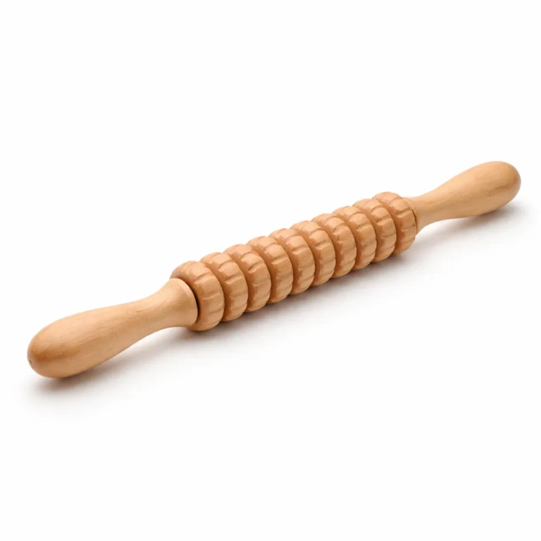 A wooden massage stick roller crafted from beech wood featuring a natural untreated finish and smoothly rounded edges for comfortable grip and smooth rolling.