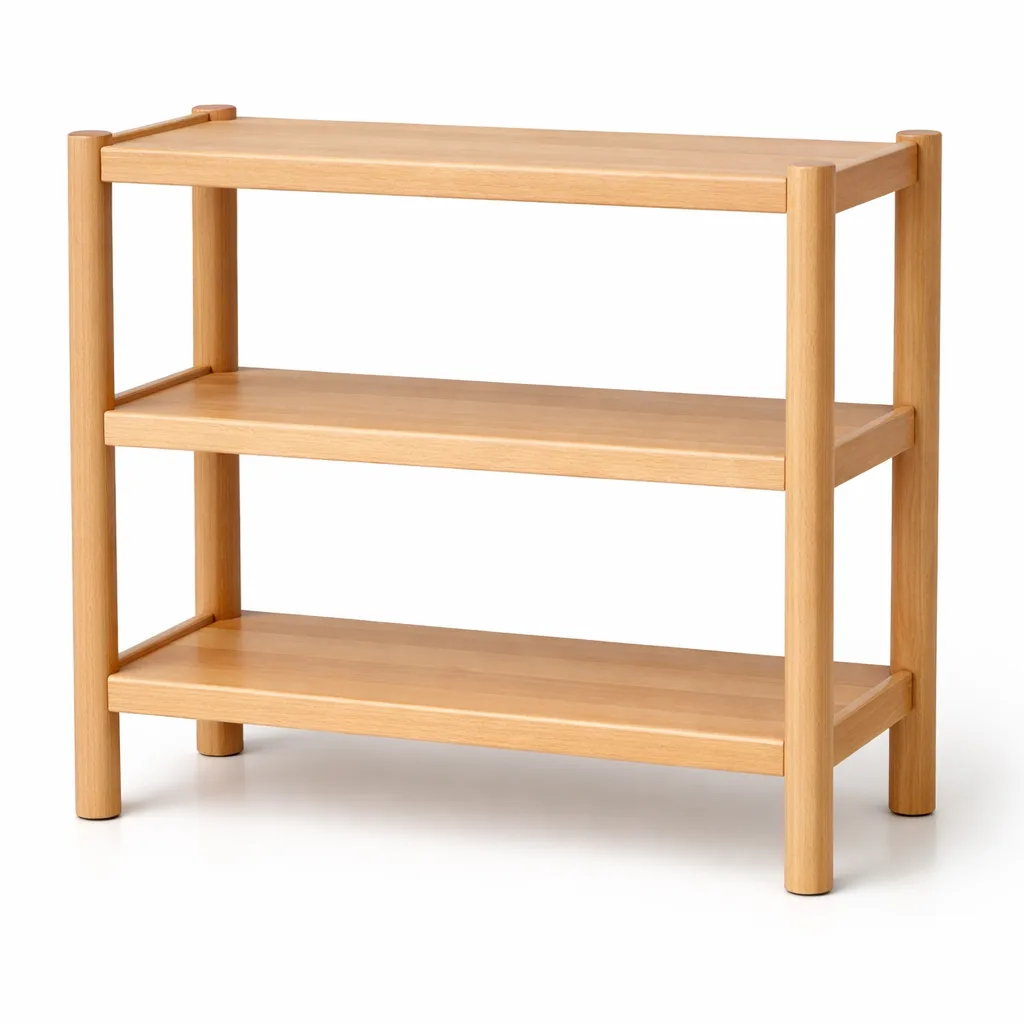 A 3-tier multi-purpose wooden utility rack crafted from natural beech wood, featuring a matte finish and rounded edges for enhanced aesthetics and safety. Suitable for versatile storage in any room.