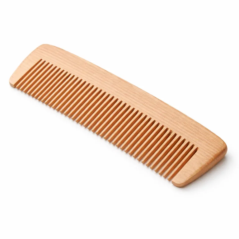 Naturally finished beech wood comb featuring smooth sanded surface and beveled edge profile, designed for comfortable handling and contemporary style.