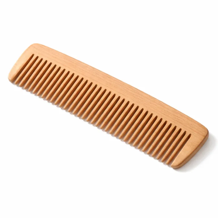 A wooden comb crafted from beech wood with a natural finish, featuring a classic straight shape and finely sanded surface. Perfect for daily grooming and suitable for all hair types.