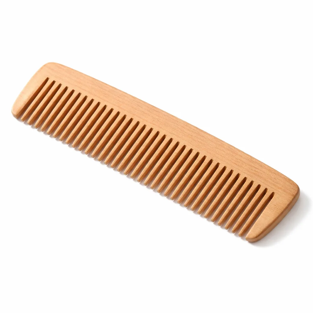 A wooden comb crafted from beech wood with a natural finish, featuring a classic straight shape and finely sanded surface. Perfect for daily grooming and suitable for all hair types.