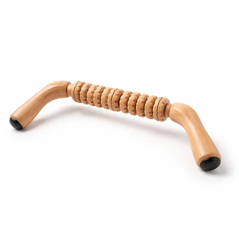 A matte-oiled beech wood neck and shoulder massager equipped with ergonomic handles and subtle anti-slip feet at the roller's ends for added stability during use.