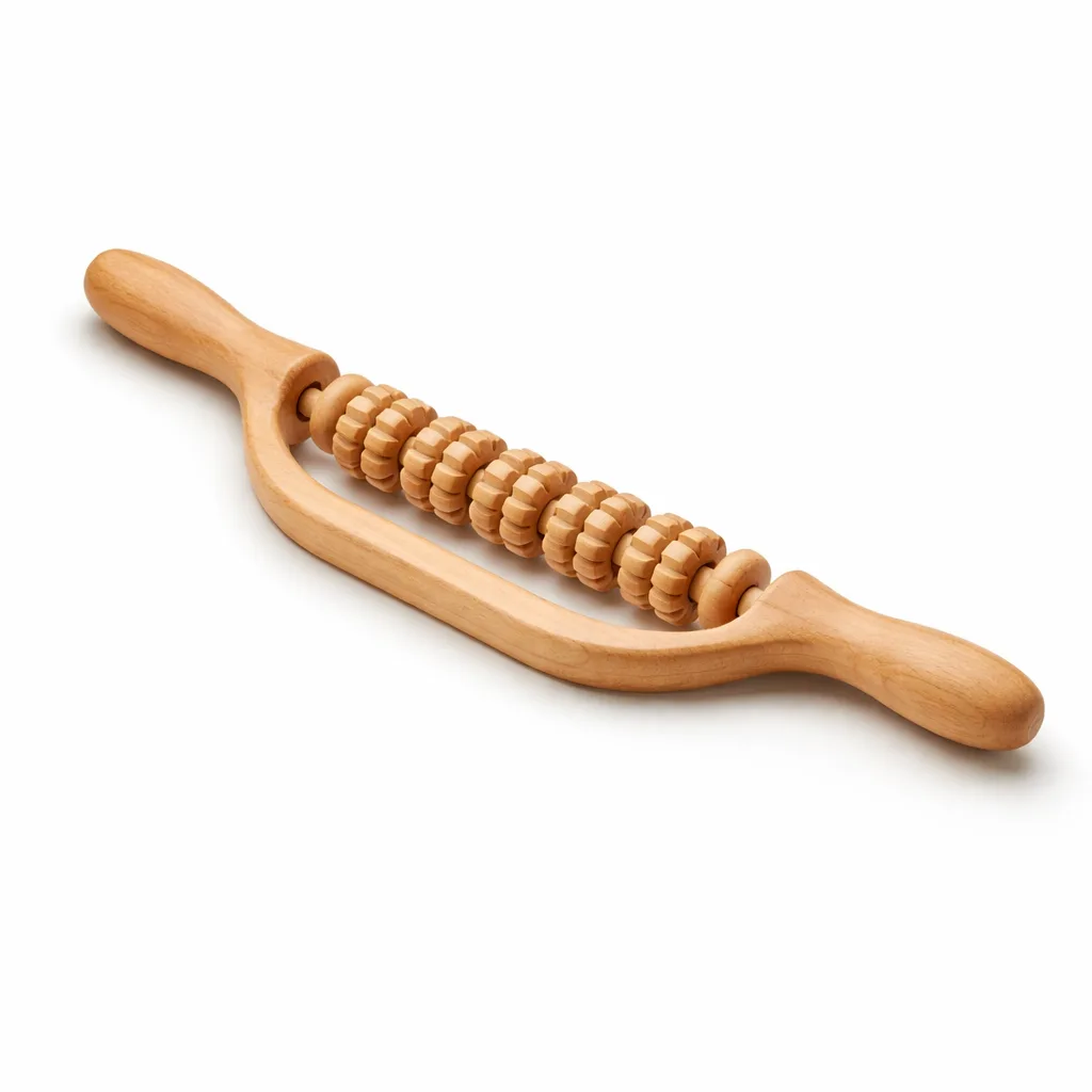 A natural beech wood neck and shoulder massager featuring an ergonomic stick roller design with smooth, rounded edges for gentle contact. Suitable for daily relaxation and deep tissue massage.