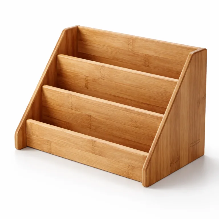 Modern 3-tier organizer crafted from carbonized bamboo for a rich, warm tone. Features elegantly beveled shelf edges and a discreetly engraved logo detail on the side panel.