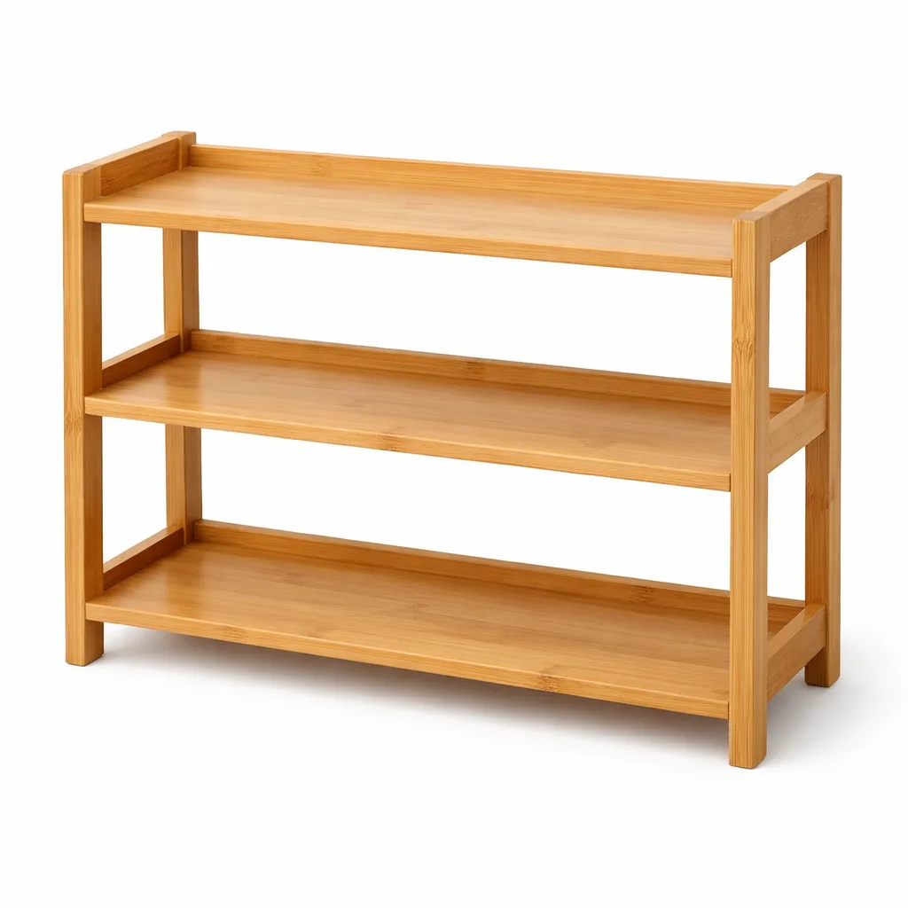 A minimalist 3-tier organizer stand crafted from natural bamboo, featuring a matte-oiled finish for a subdued, elegant appearance. Clean straight edges make it ideal for versatile home or office storage.