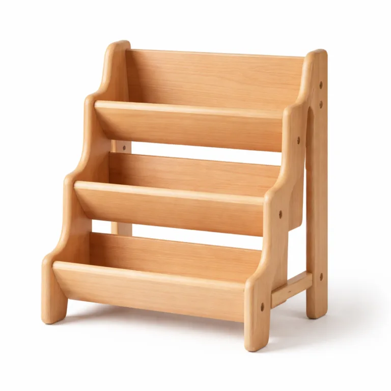 A 3-tier organizer stand in light beech wood with smoothly rounded corners and edges, giving a softer silhouette. Sanded to showcase the natural wood grain, perfect for stylish organization.