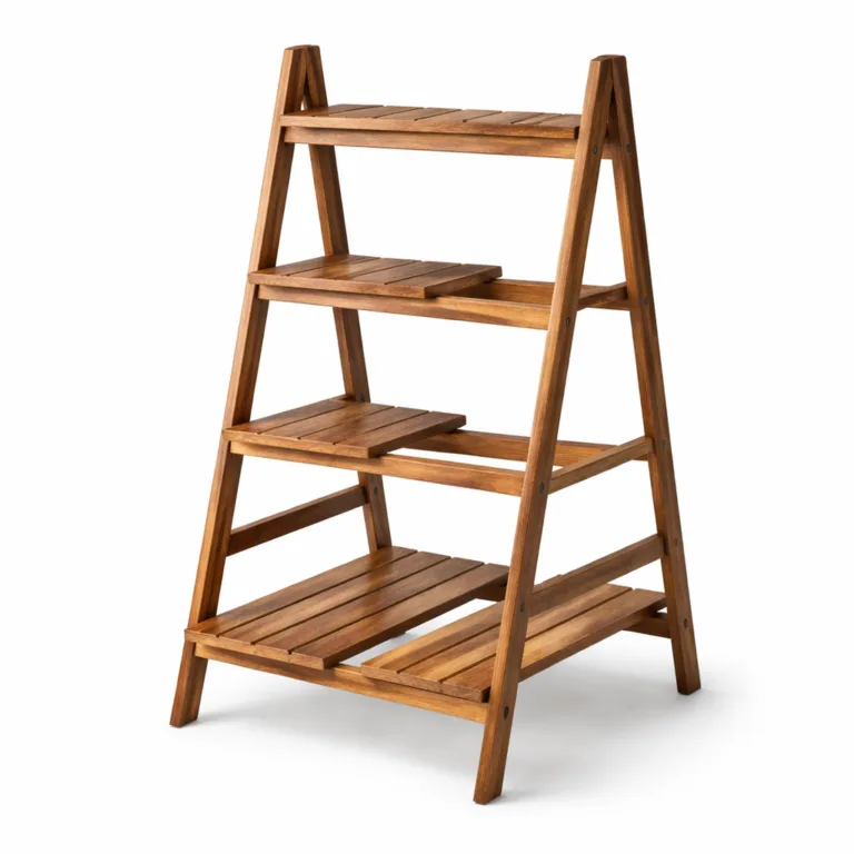 A multi-tier ladder wooden plant stand rack made from beech wood, featuring a rich carbonized finish and neatly beveled shelf edges. Presented in sharp detail with studio lighting, ideal for online product listings.