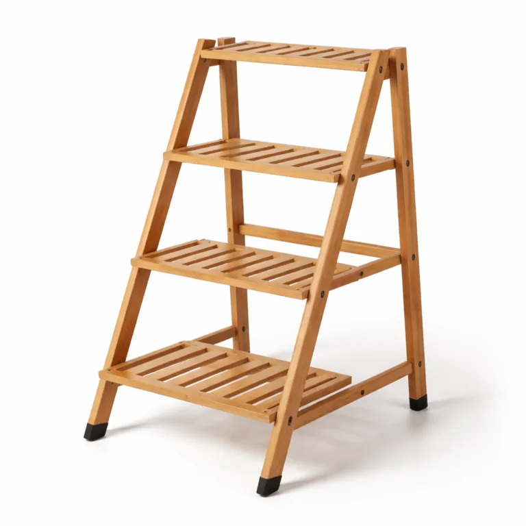 This bamboo wooden plant stand rack features a matte-oiled finish for subtle elegance and includes practical anti-slip feet on the base. Multi-level ladder styling is captured in a professional studio setting.