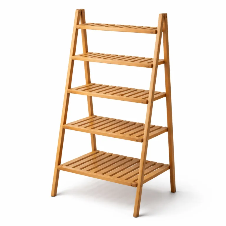 A wooden plant stand rack crafted from bamboo featuring a natural wood finish and smooth, rounded edges. Designed with a ladder-style multi-tier for displaying plants, photographed in a high-realism studio setup for e-commerce.