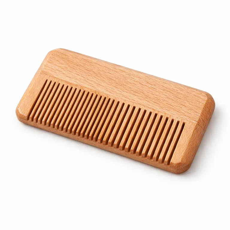 Beechwood pocket comb with ergonomically beveled edges, offering enhanced comfort and ease of handling in a slim rectangular form.