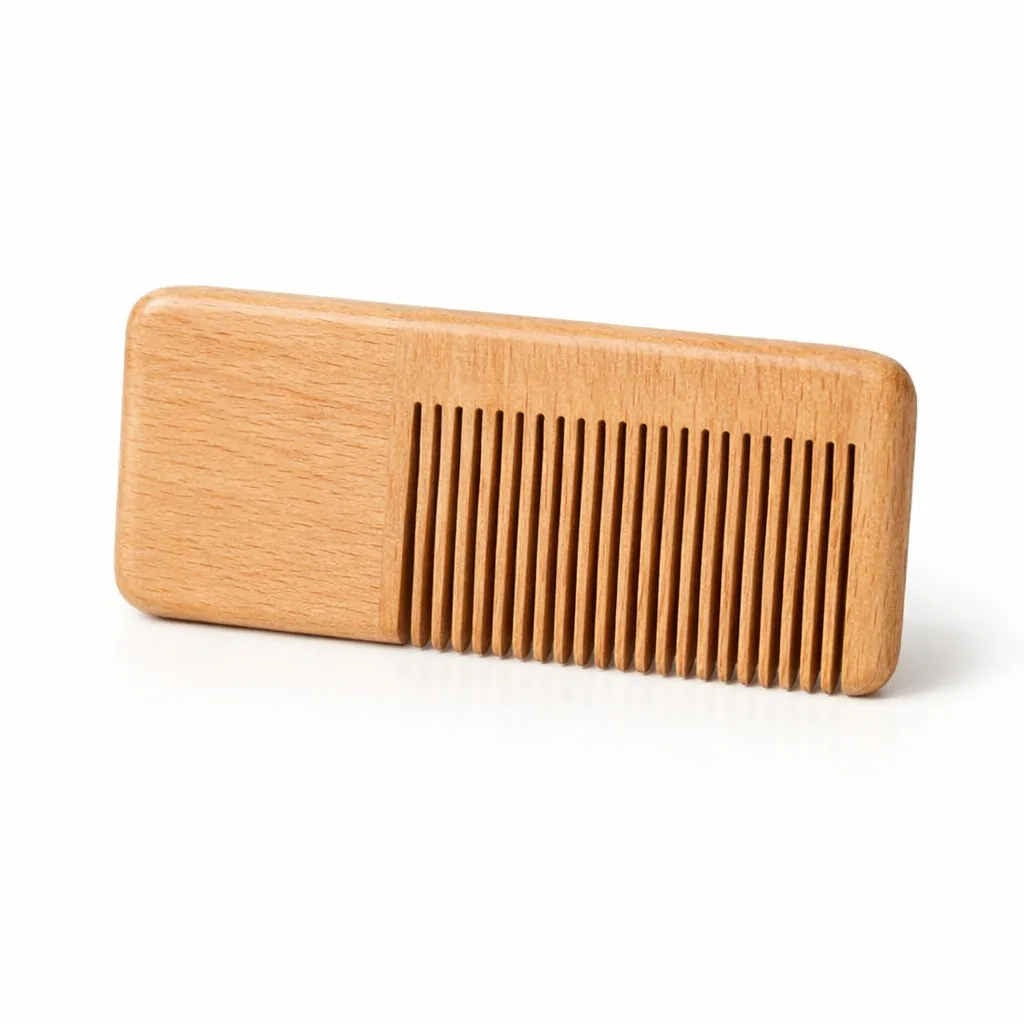 A compact pocket-sized wooden comb crafted from beechwood with a natural finish and smooth matte surface, ideal for daily grooming.