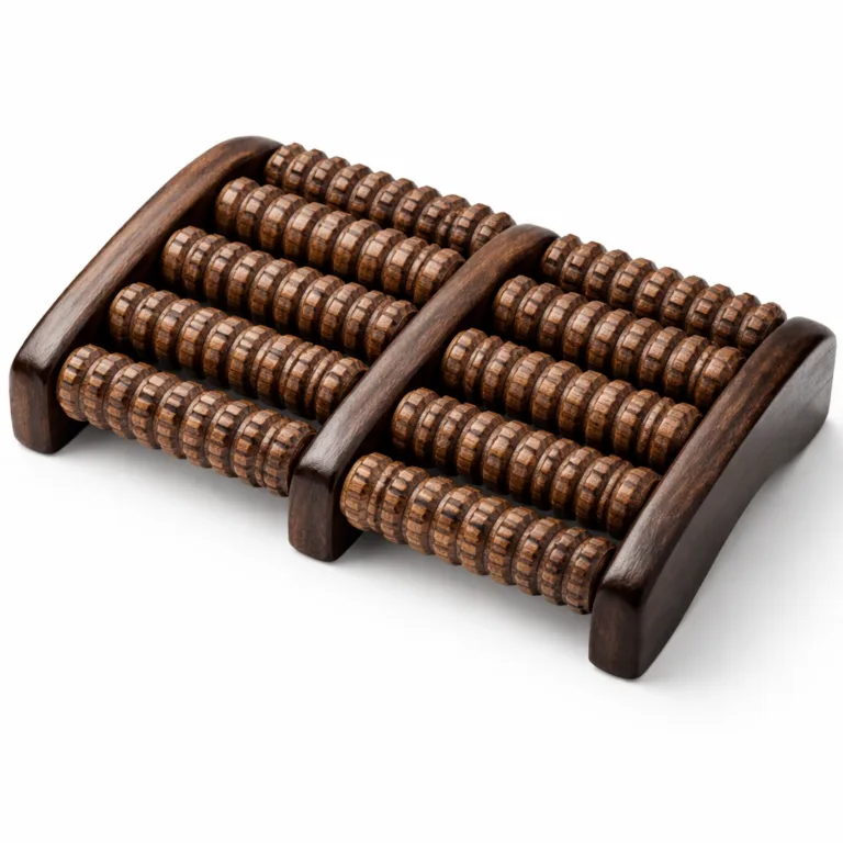 Wooden reflexology foot massager with double rollers and a rich carbonized dark finish, offering an elegant and durable option for therapeutic foot massage.