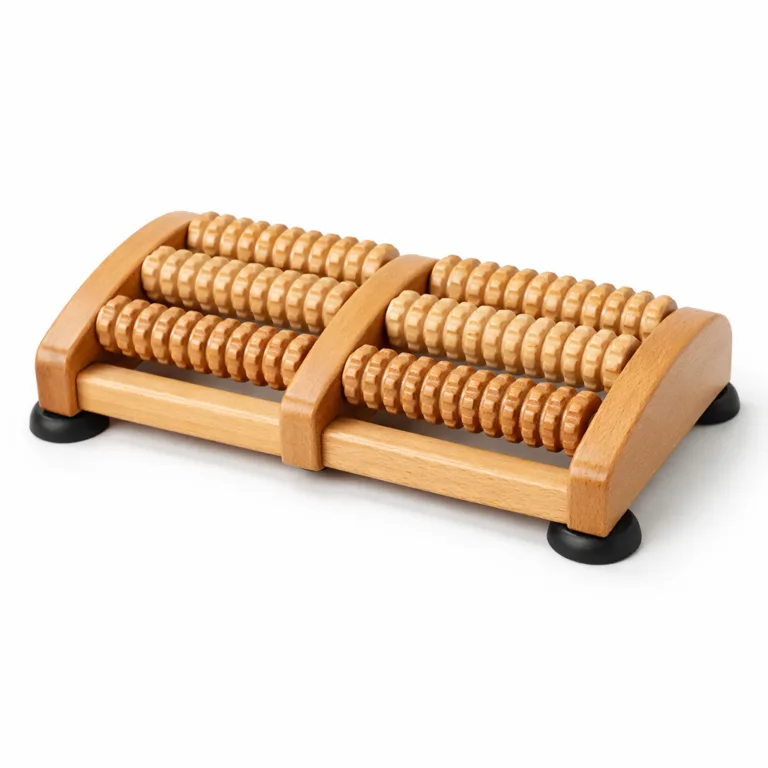Double-roller beech wood reflexology foot massager featuring anti-slip silicone feet attached to the base, designed to prevent movement during use.