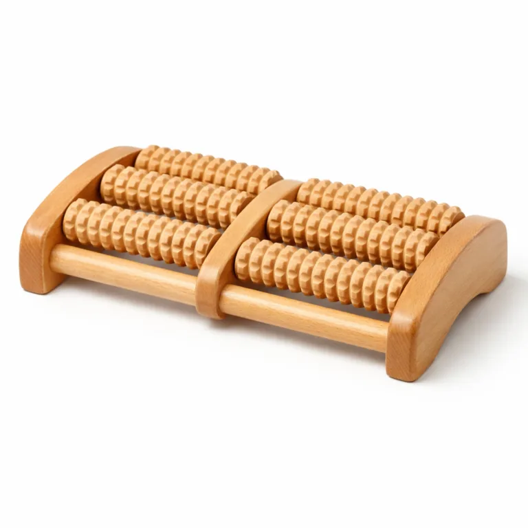 Classic double-roller wooden reflexology foot massager crafted from natural beech wood with a smooth finish and softly rounded edges, ideal for gentle and comfortable use.