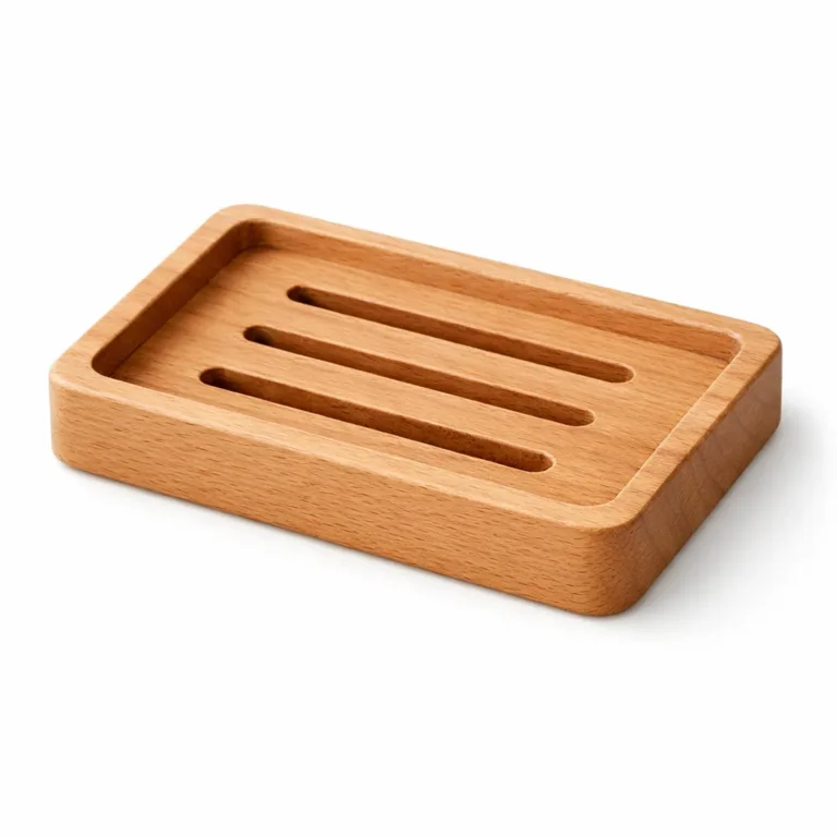 Matte-oiled beech wood soap holder with a raised rim around the rectangle, combining a modern matte finish with secure soap placement and efficient drainage design.