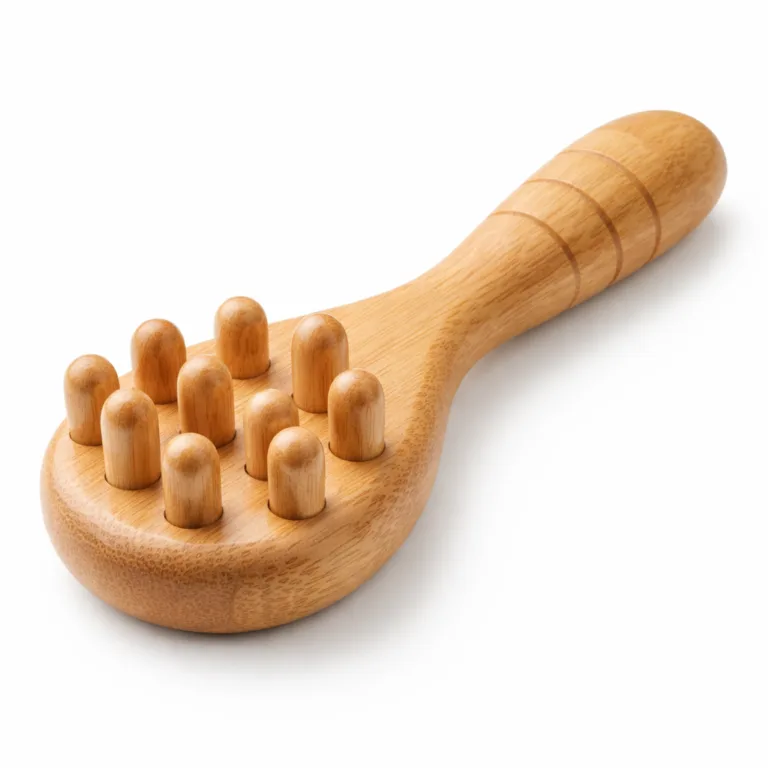 A bamboo wood scalp massager finished with matte oil, featuring a grooved ergonomic handle for improved grip and rounded massaging tips, photographed in a clean studio setup.