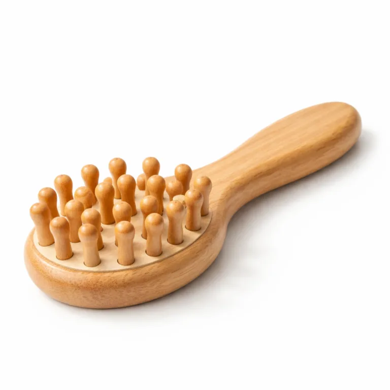 A wooden scalp massager crafted from bamboo with a natural matte finish, featuring an ergonomic handle and rounded massaging tips, photographed in a commercial studio setting for crisp detail.