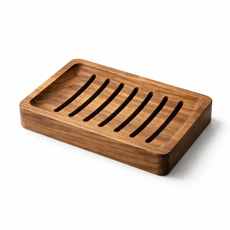A modern rectangular self-draining soap tray crafted from beech wood and finished with a carbonized process, giving it a rich, deep brown color. The tray features precise grooved drainage slots to enhance airflow and soap longevity. Main image captured on a white background under studio lighting.