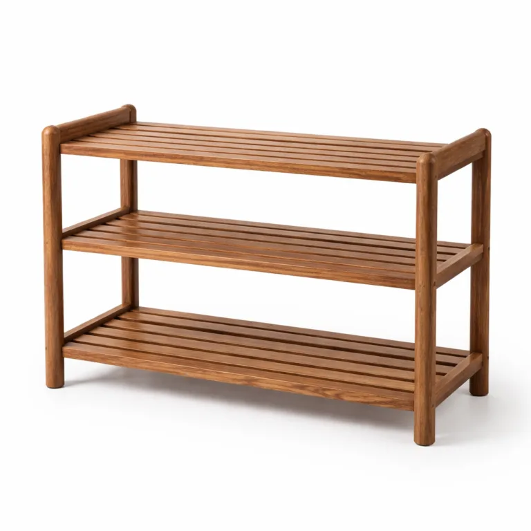 A 3-tier shoe rack stand crafted from carbonized beech wood, featuring rounded edges for a softer look and enhanced safety. Perfect for contemporary home organization.
