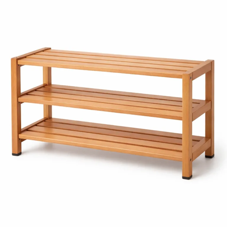 A 3-tier beech wood shoe rack stand in a matte-oiled finish, showcasing beveled shelf edges and practical anti-slip feet for secure placement on any floor surface.