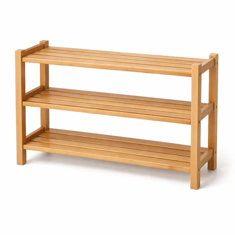 A 3-tier wooden shoe rack stand made from beech wood, featuring a natural finish and crisp straight edges for a timeless look. Ideal for organizing shoes in entryways or bedrooms.