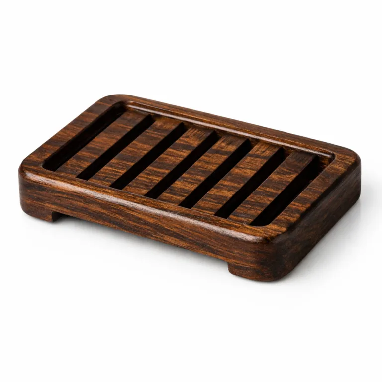 This variant features a carbonized dark wood finish on the classic rectangular beech wood slatted soap dish. Enhanced grain patterns and deep colors create a distinctive, elegant look.