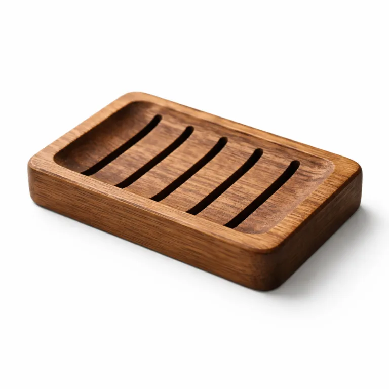 A carbonized bamboo soap dish for shampoo bars, rectangular with slotted drainage grooves. Features a rich, darker finish and distinctive beveled edges for a stylish, durable look.
