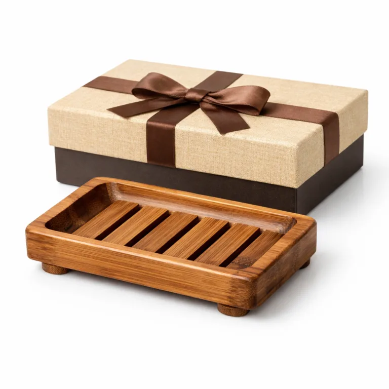 A refined gift set with a rectangular carbonized bamboo soap dish, highlighted by its raised rim for water control and anti-slip feet for stability. Presented in a sturdy gift box.