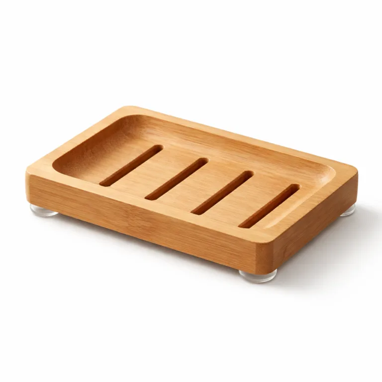 Rectangular wooden soap dish made from bamboo, enhanced with a matte-oiled finish for a muted sheen and beveled edges for a refined touch. Features four visible silicone feet to prevent slipping.