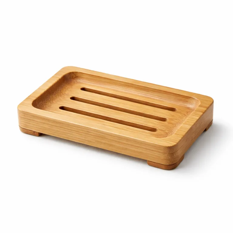 A matte-oiled bamboo soap dish designed for shampoo bars with a rectangular outline, precise drainage slots, and four small anti-slip feet at the base, all beautifully presented for e-commerce.