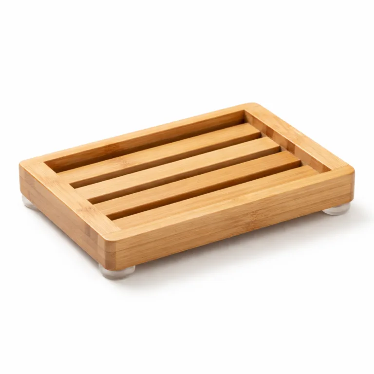 Classic soap dish crafted from natural bamboo wood, featuring a rectangular shape, open slatted design for drainage, and four visible silicone feet for stability. Ideal for keeping soap dry and countertops clean.