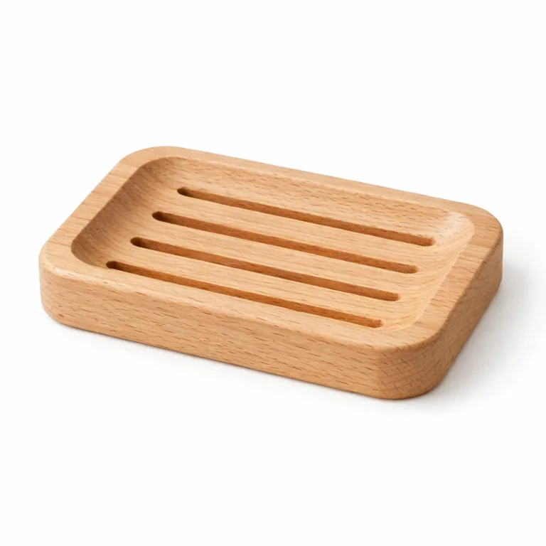A natural beech wood soap dish featuring a smooth, uncoated finish with rounded corners and clean drainage grooves, designed for optimal soap drying.