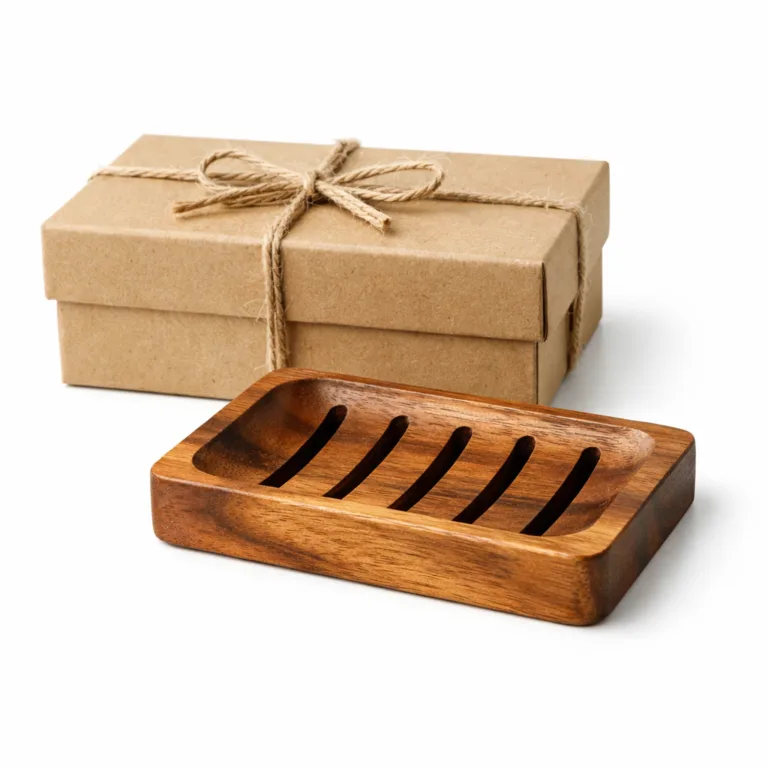 A wooden soap dish gift set featuring a rectangular acacia wood dish with a natural finish and deep drainage slots. The set is packaged in a cardboard gift box, perfect for gifting and daily use.