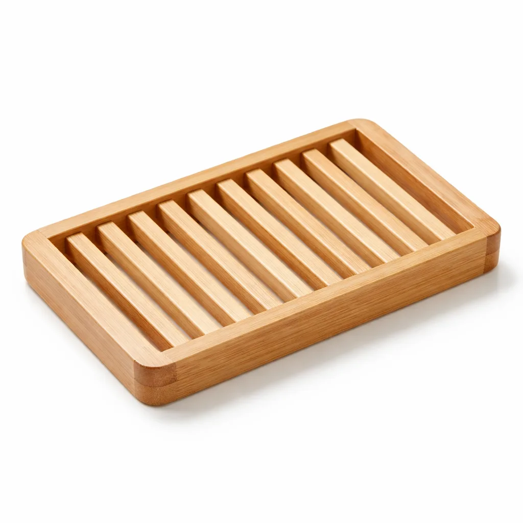 This variant features a natural bamboo and beech wood soap saver rack with gently rounded edges and a smooth finish, highlighting the simplicity and warmth of untreated wood.