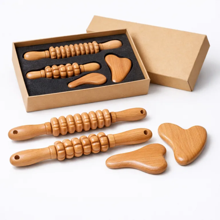 This Wooden Spa Massage Tool Set features a polished sheen to the beech wood, with ergonomic roller handles that include practical hanging holes. The set is neatly arranged in a gift box, perfect for online product listings.