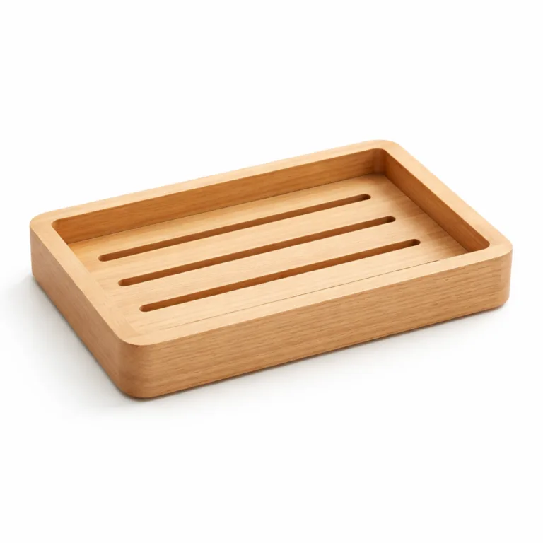 High-realism image of a natural beech wood rectangular soap tray featuring a slotted drainage base and a slightly raised outer rim to help keep soap in place. Photographed on white for clear e-commerce presentation.
