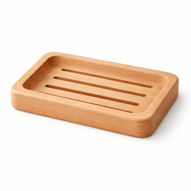 A realistic photo of a rectangular beech wood spa-style soap tray. The tray features smooth rounded corners and edges, a slotted base for drainage, and a soft natural finish. Studio-lit on a plain white background, perfect for e-commerce.