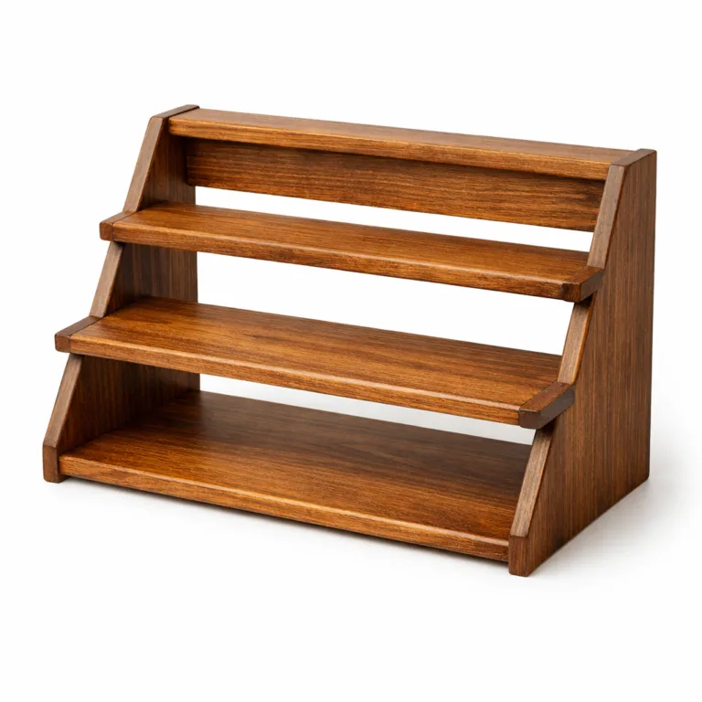 A spice rack stand crafted from beech wood in a carbonized finish, showcasing elegant beveled edges on all tiers for a refined look.