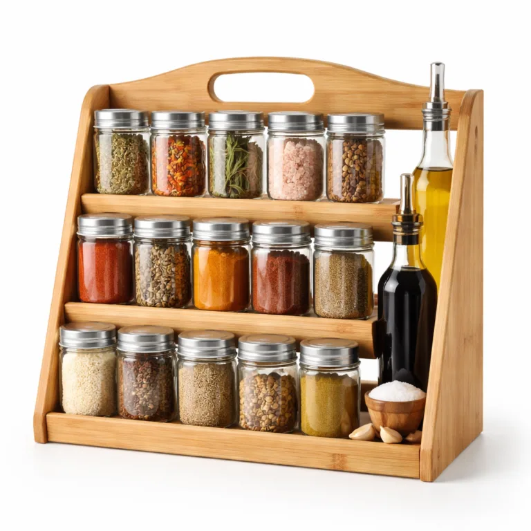 This bamboo spice rack stand features a matte-oiled finish and an integrated carry handle at the top for easy portability. Multi-tier shelving provides ample spice storage.