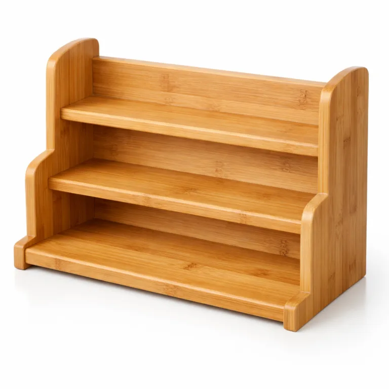 A natural-finish bamboo spice rack stand with softly rounded edges. This multi-tier organizer is designed for countertop use and provides accessible storage for spice jars.