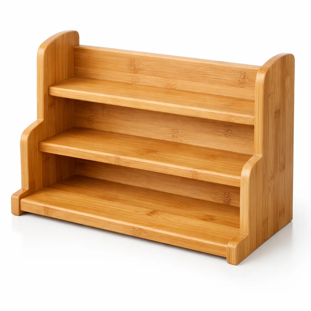 A natural-finish bamboo spice rack stand with softly rounded edges. This multi-tier organizer is designed for countertop use and provides accessible storage for spice jars.