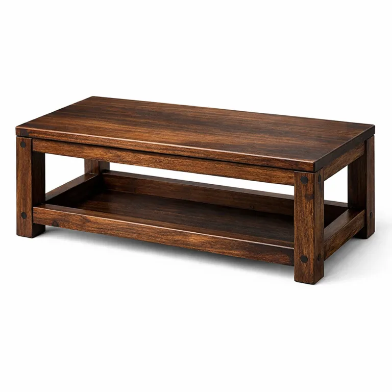 A realistic acacia wood stackable storage rack featuring a carbonized finish and beveled edges. The rack's joinery is visible, photographed in high detail on a clean white background for commercial presentation.