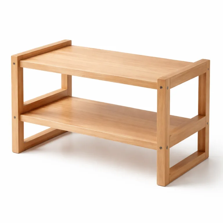 A single stackable storage rack crafted from beech wood with a matte-oiled finish and softly rounded corners, emphasizing high realism and visible joinery on a crisp white studio background, ideal for e-commerce.