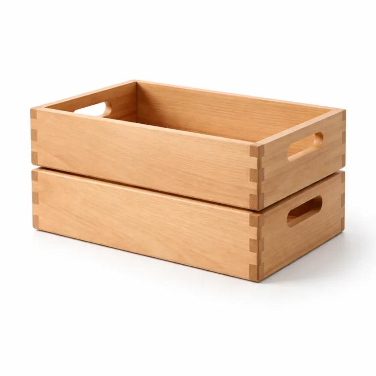 A single polished beech wood storage rack with built-in side handle cutouts for easy lifting, visible joinery, and a gleaming finish—captured with sharp detail on a white studio background, ideal for e-commerce showcases.