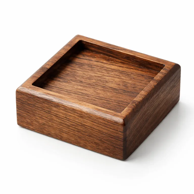 A detailed product studio image showing a square-shaped acacia wood table leg cap with a carbonized finish and beveled edges. Designed for stylish protection and a modern furniture look.